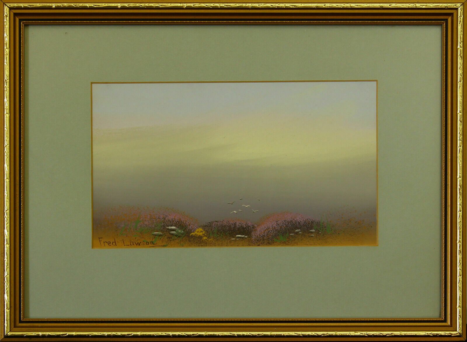 Gouache Signed Fred Lawson. Birds Flying Over Heather Shrubs