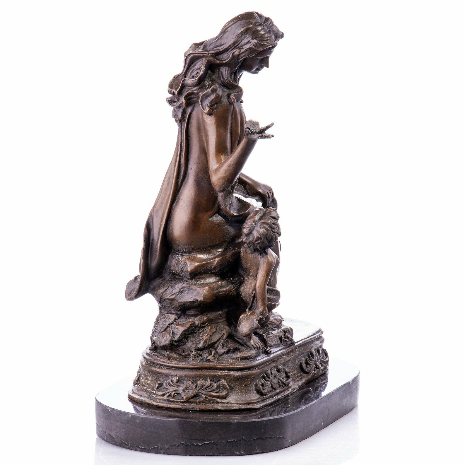 Bronze Figure Of A Female Nude With An Angel Marble Base, Large Bronze Sculpture On Marble Base, Vintage Figurine, Signed photo for sale