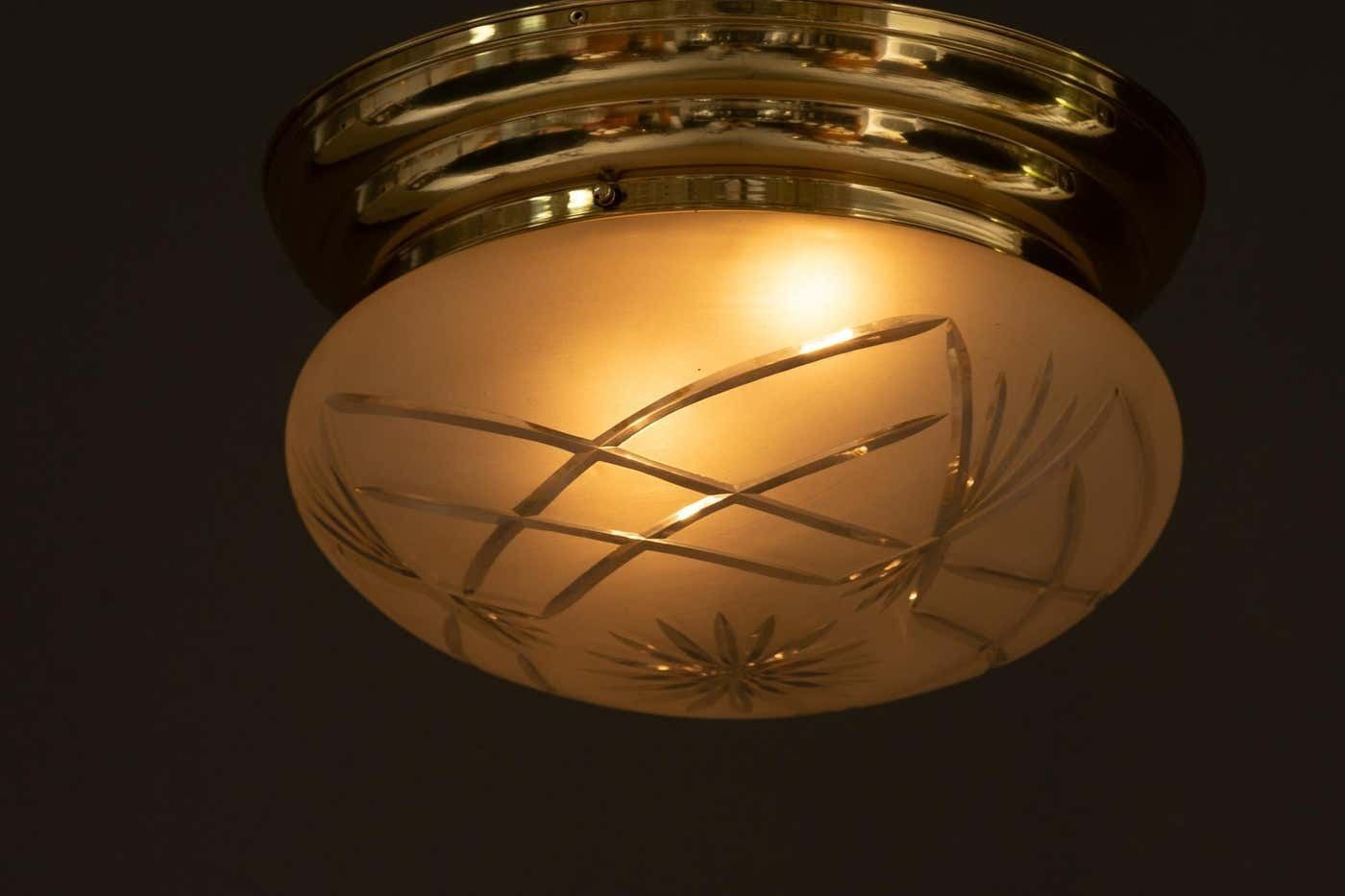 Art Deco Ceiling Lamp With Original Cut Glass Shade, Around 1920s photo vintage
