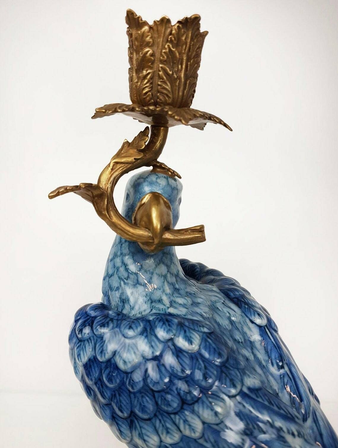 Pair Of Gilt Art Nouveau Style Brass Porcelain Parrot Standing Candlesticks photo vintage