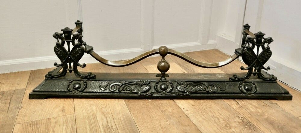 Victorian Art Nouveau Cast Iron And Brass Fender