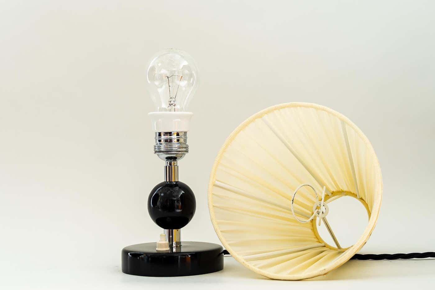 photo for sale Art Deco Wood Base Table Lamp With Fabric Shades Around 1920s