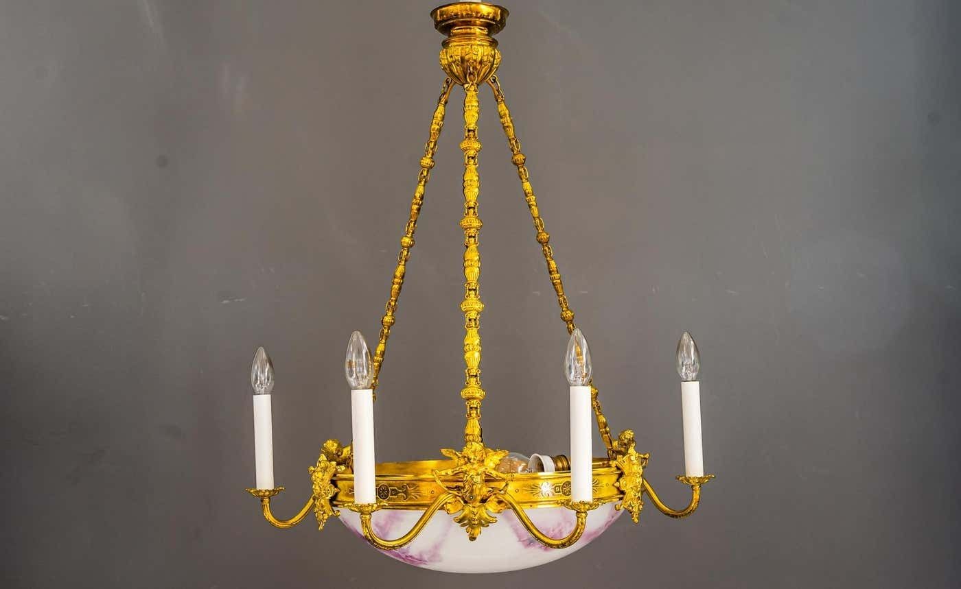 Fire Gilted Art Deco Chandelier With Original Glass Shade Around 1920s photo furniture