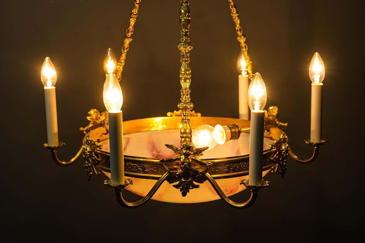 2544.0 Fire Gilted Art Deco Chandelier With Original Glass Shade Around 1920s photo