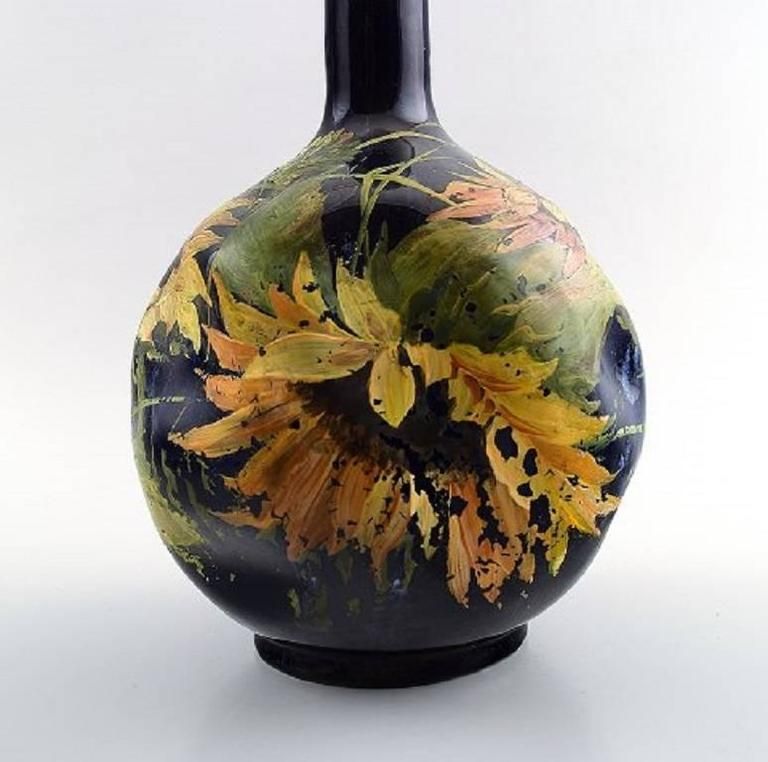 Art Nouveau Rörstrand Narrow Neck Vase In Earthenware Decorated With Flowers photo for sale