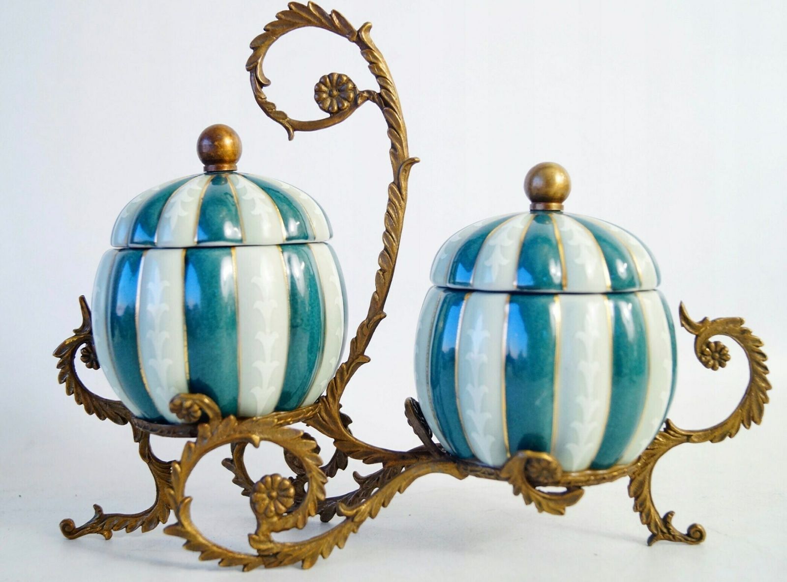 Porcelain Salt And Pepper Shakers On A Carved Antique Bronze Stand