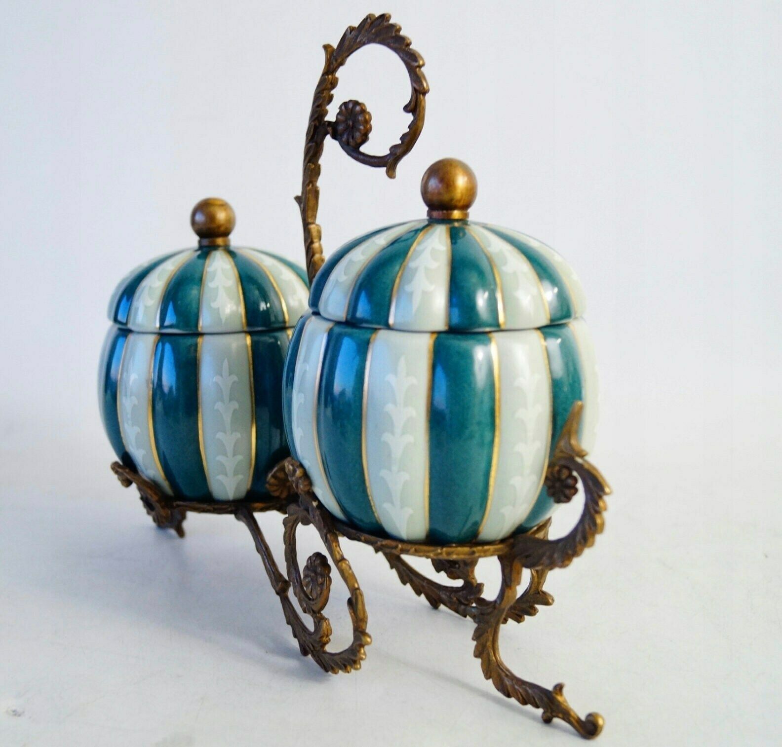 Porcelain Salt And Pepper Shakers On A Carved Antique Bronze Stand photo Home Decor