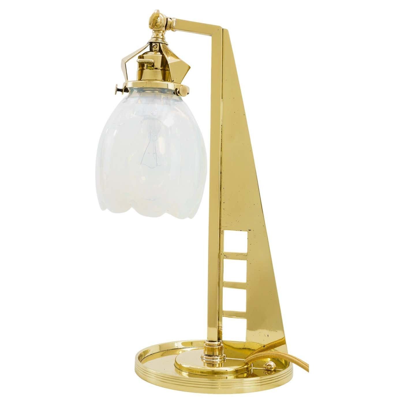 Rare Jugendstil Table Lamp With Original Opaline Glass Shade Vienna Around 1910