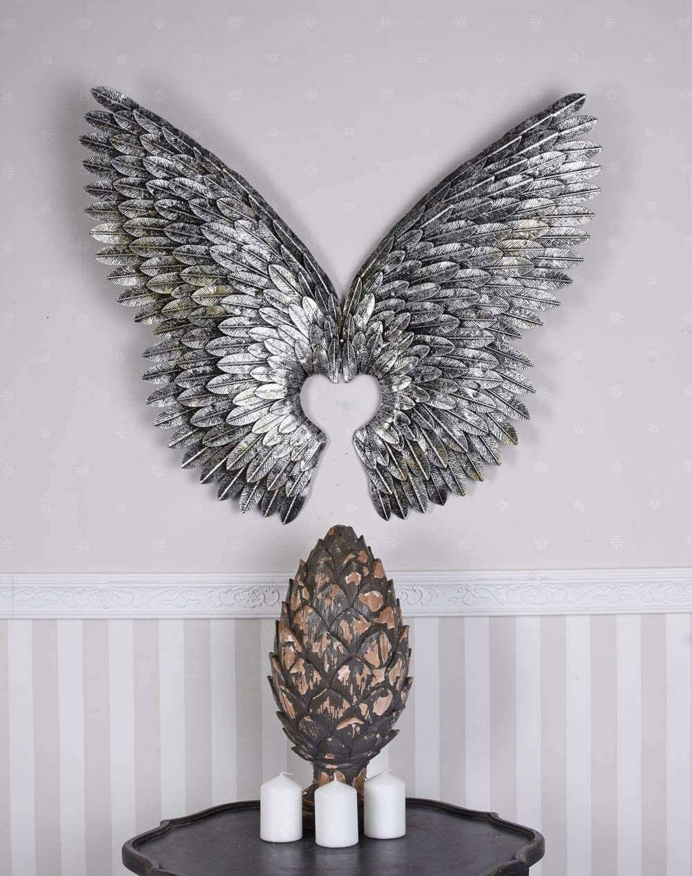 Amazing Large Wings Set, Metal Silver Wings With Heart, Wedding Hall Decoration, Wall Decor, Gift Idea photo for sale