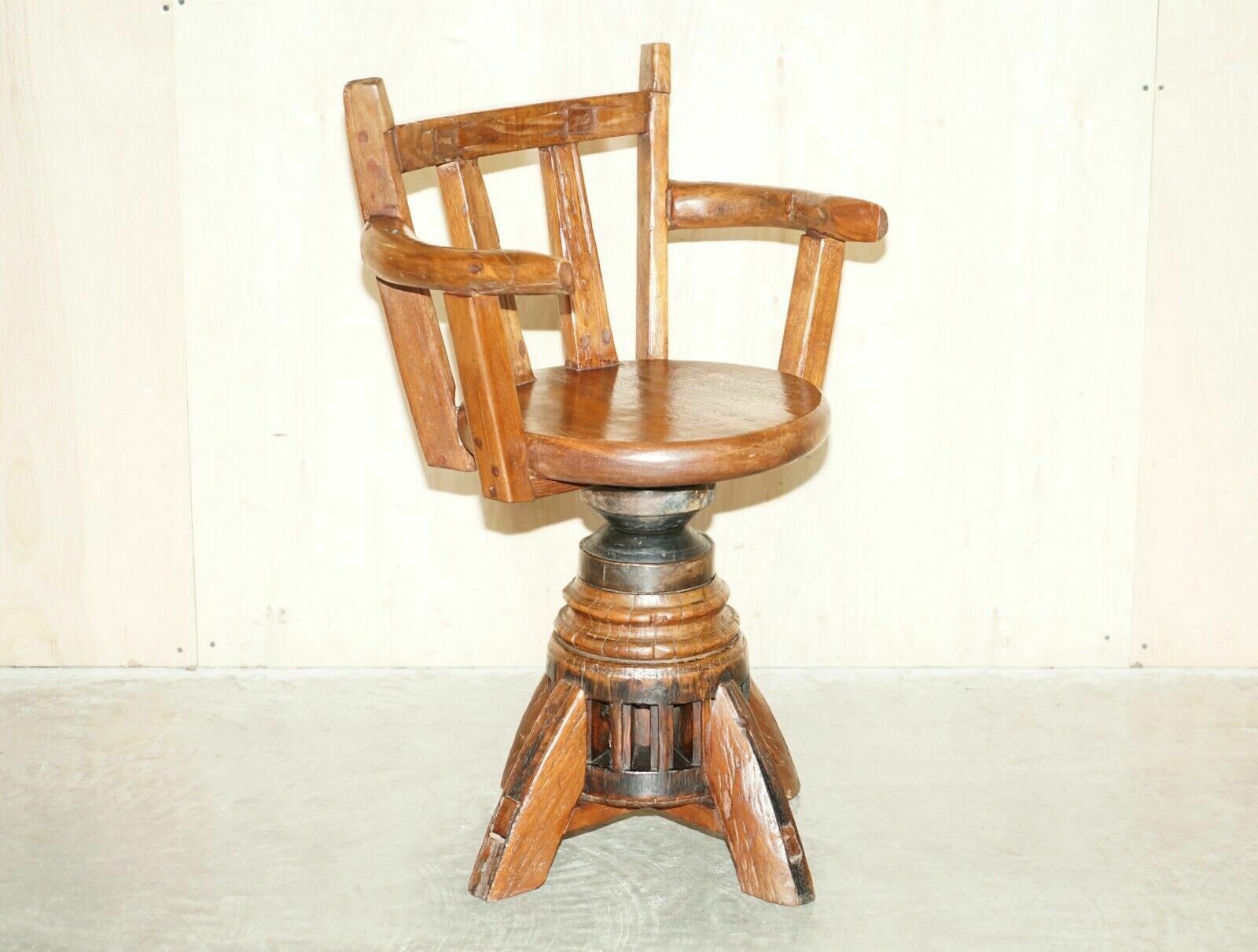 Primative Antique Circa 1760 Carthorse Wheel Remade Into A Captains Swivel Chair