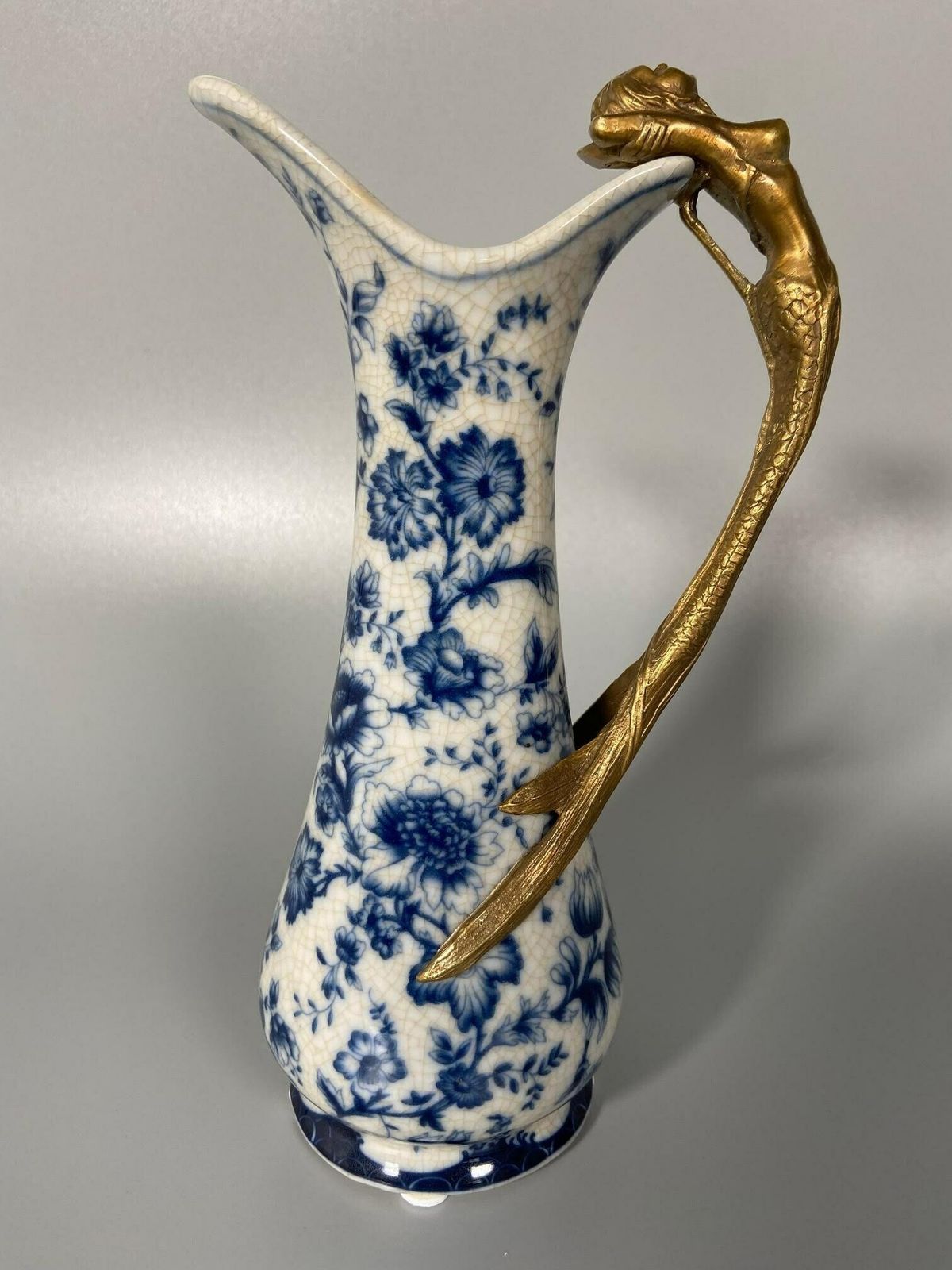 Porcelain Wine Jug With Bronze Handle, Ewer With Mermaid, Floral Ornaments, Art Nouveau Style, Blue And White, Home Decor, Gift Idea