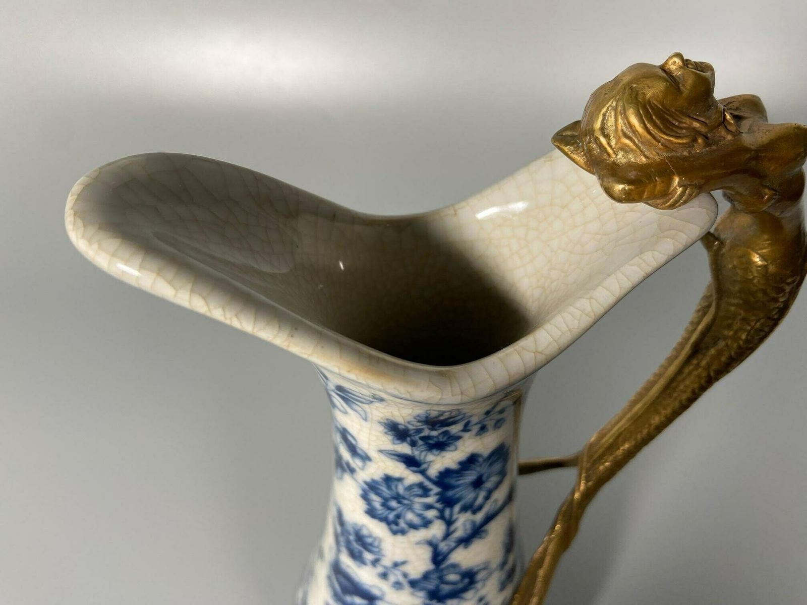 Porcelain Wine Jug With Bronze Handle, Ewer With Mermaid, Floral Ornaments, Art Nouveau Style, Blue And White, Home Decor, Gift Idea photo Home Decor