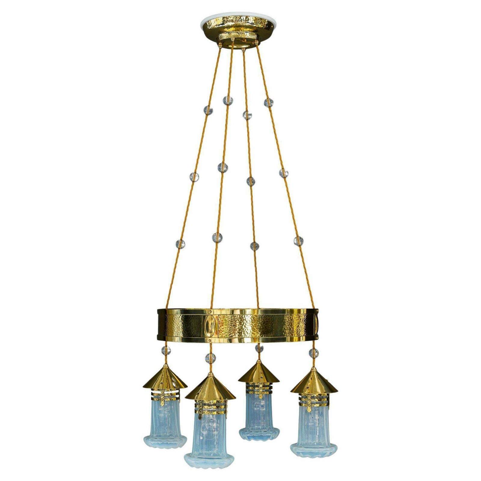 Hammered Art Deco Chandelier With Opaline Glass Shades, Vienna, Around 1920