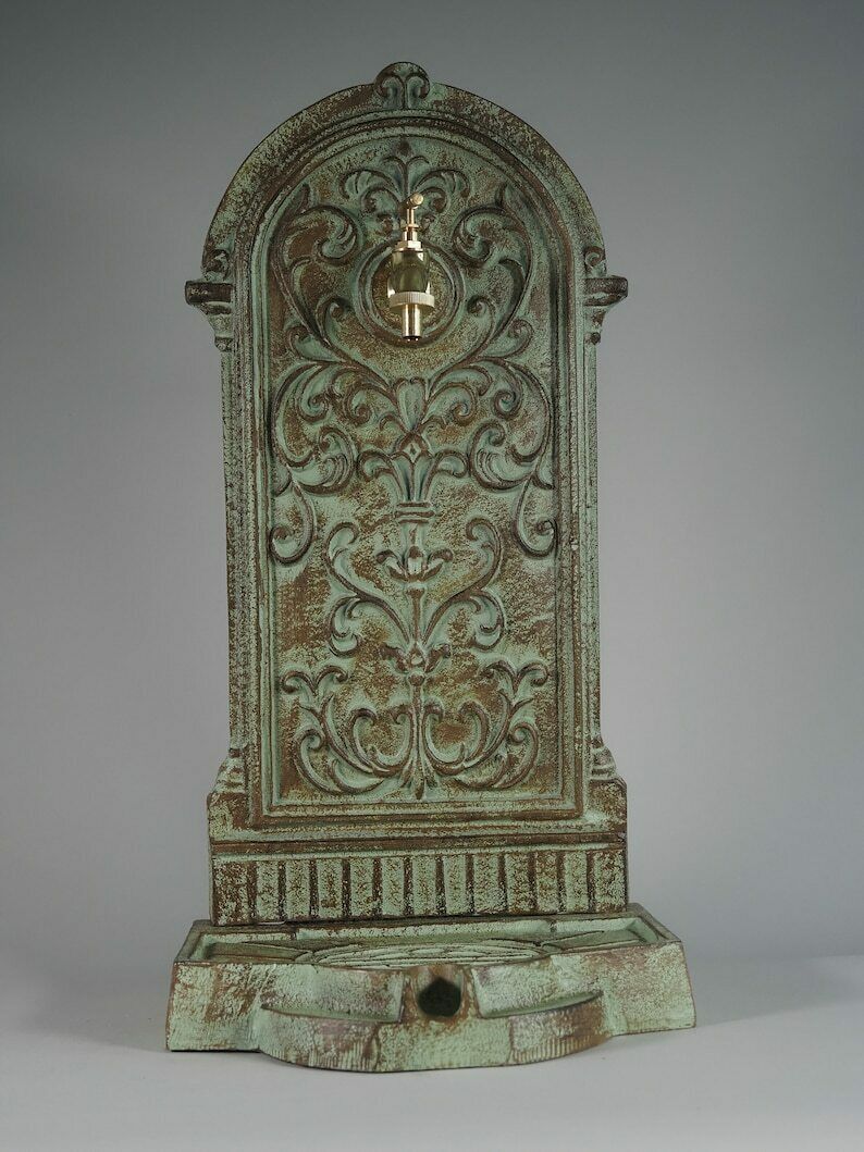 Antique Style Green Cast Iron Wall Fountain , Sink With Brass Faucet Tap, Fountain Metal Wall Sink, Patio & Wall Ornament Garden photo vintage