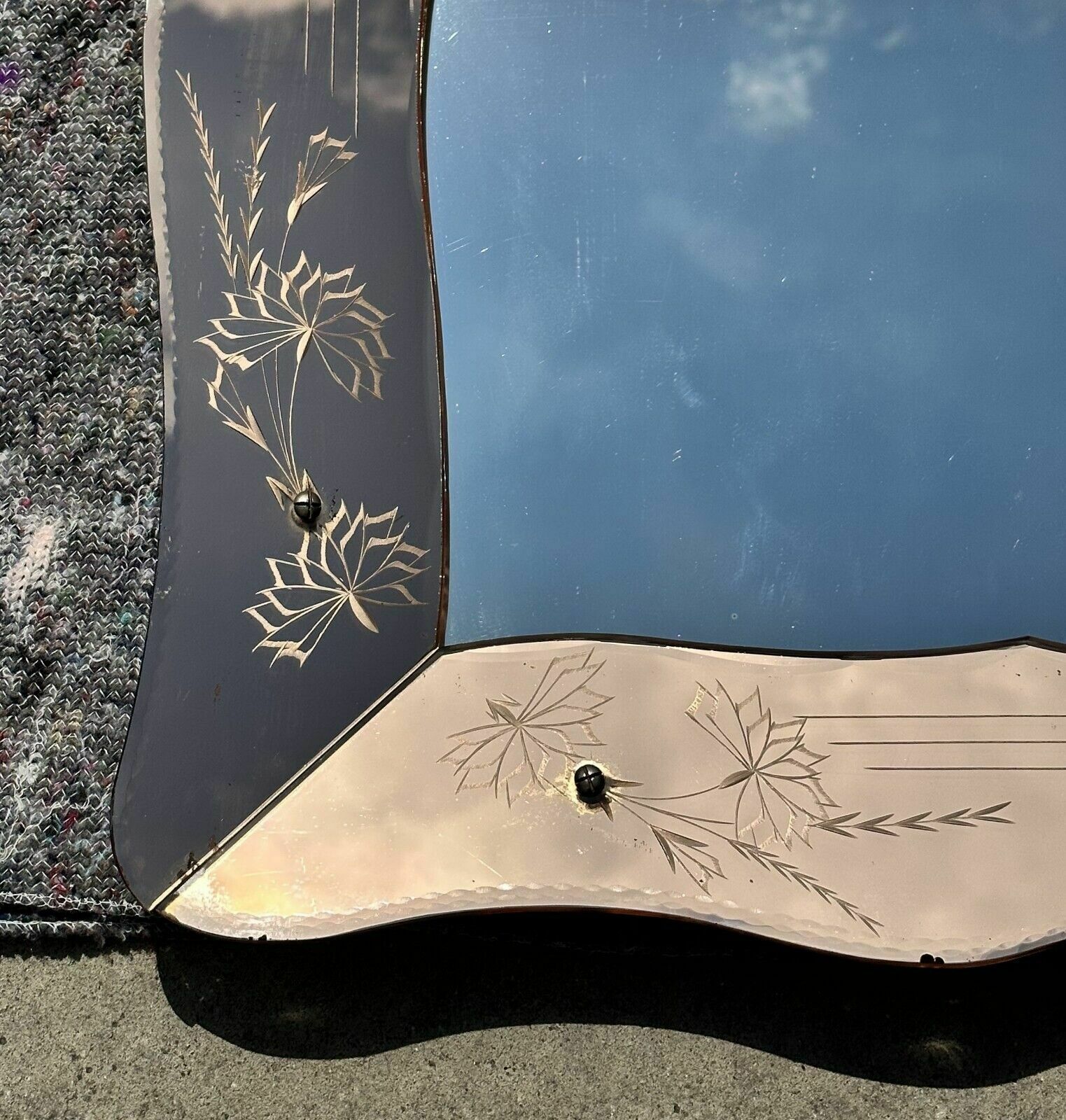 Lovely Antique 1930's Art Deco Peach Glass Bevelled Venetian Flower Petal Mirror photo vintage