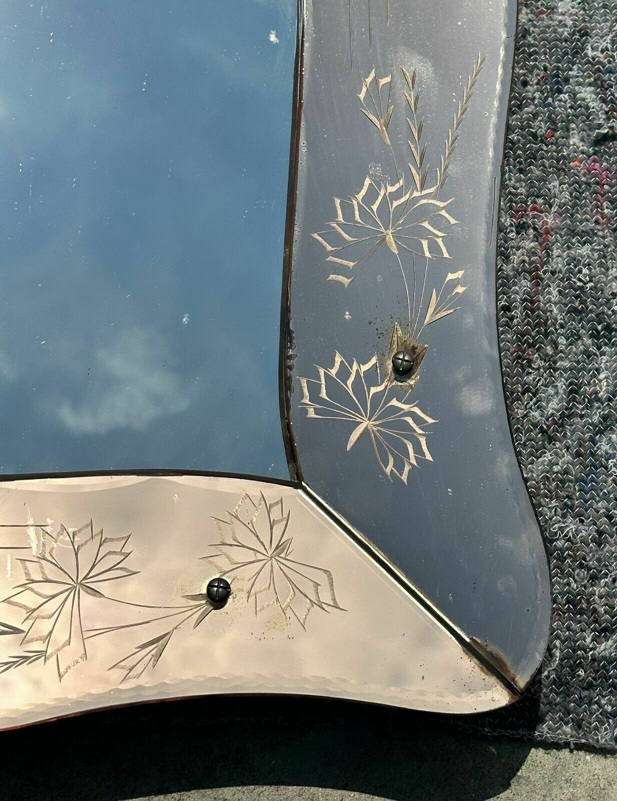 photo for sale Lovely Antique 1930's Art Deco Peach Glass Bevelled Venetian Flower Petal Mirror