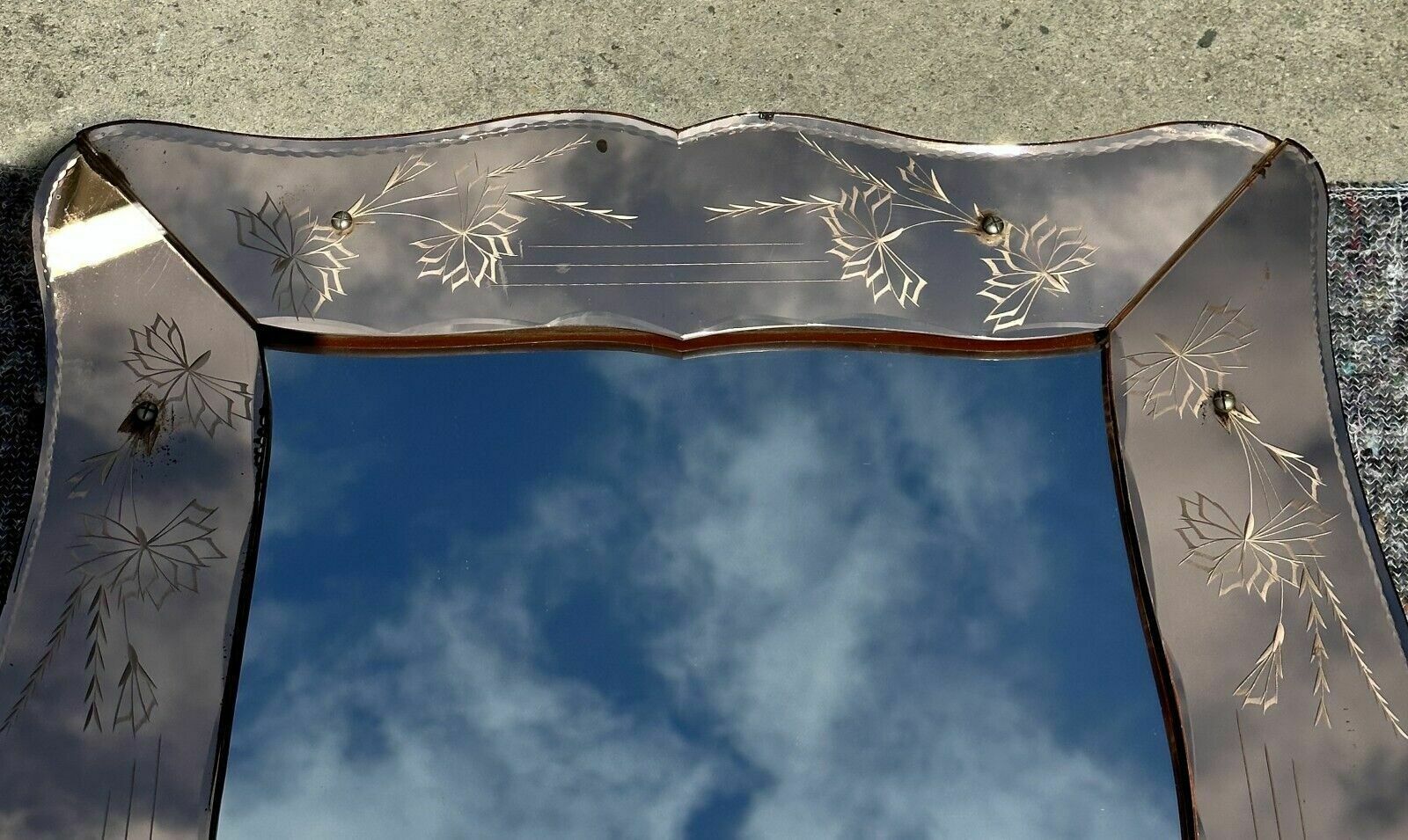 Home Decor Lovely Antique 1930's Art Deco Peach Glass Bevelled Venetian Flower Petal Mirror photo