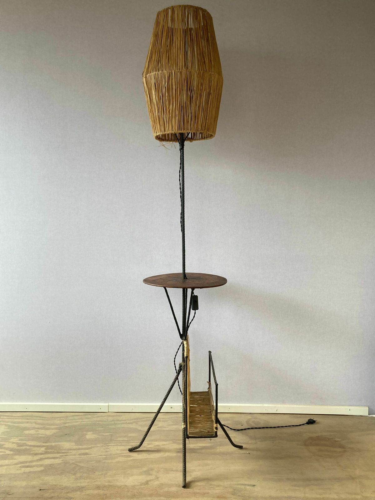 Wrought Iron Floor Lamp With Magazine Holder And Sisal Shade, 1950s photo furniture
