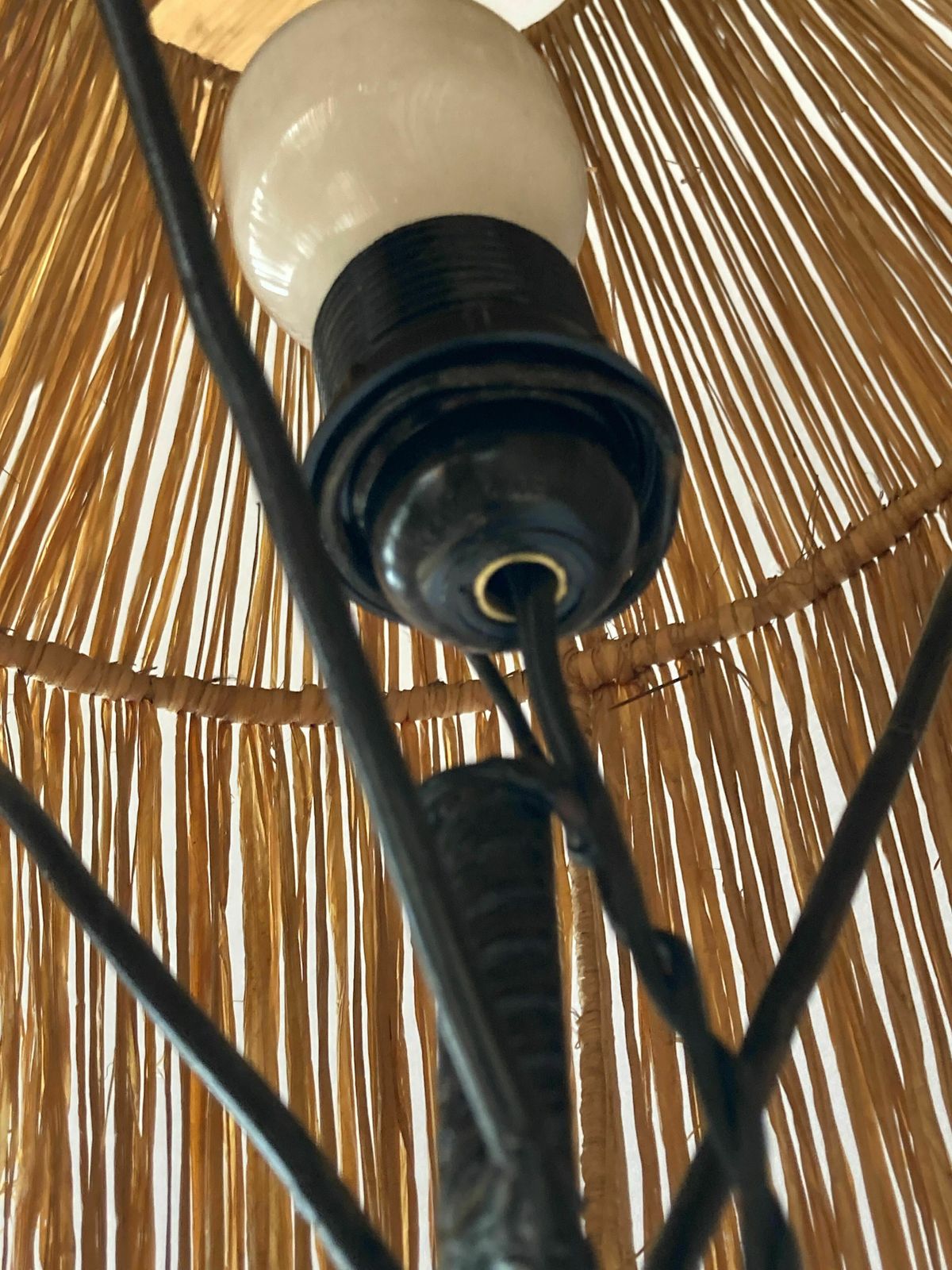 Wrought Iron Floor Lamp With Magazine Holder And Sisal Shade, 1950s photo vinterior