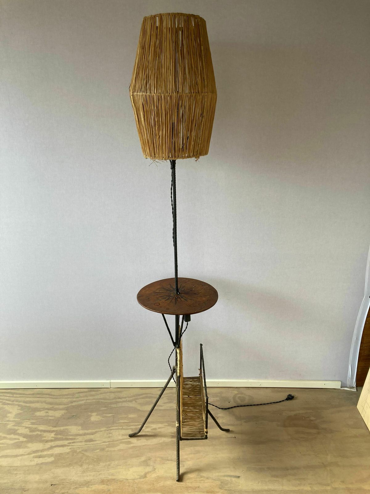 photo for sale Wrought Iron Floor Lamp With Magazine Holder And Sisal Shade, 1950s