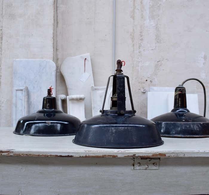 A Set Of Industrial Black Enamel Hanging Lamps Circa 1940s photo for sale