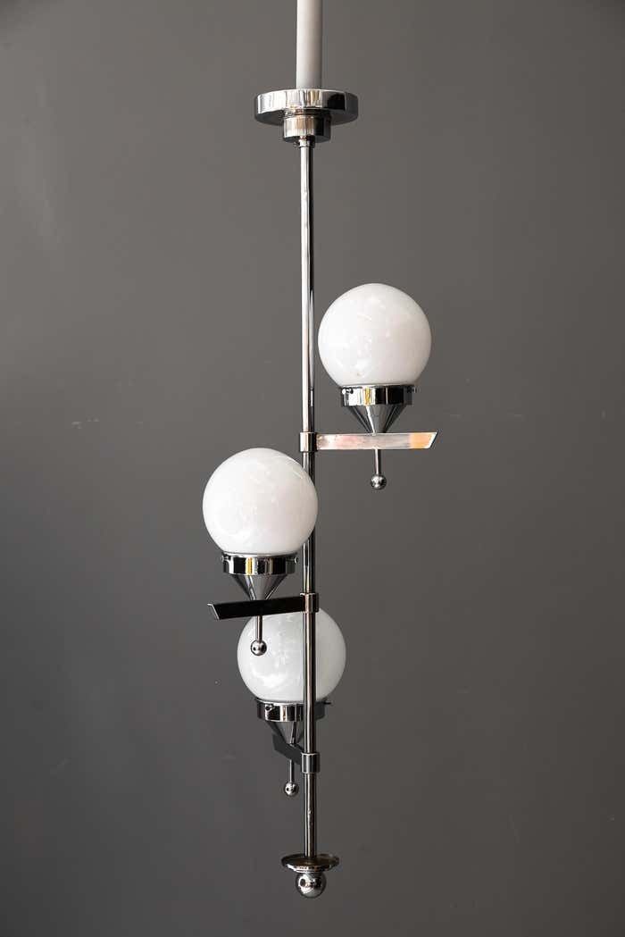 Art Deco Chromed Chandelier With Opal Glass Shades Around 1920s photo furniture