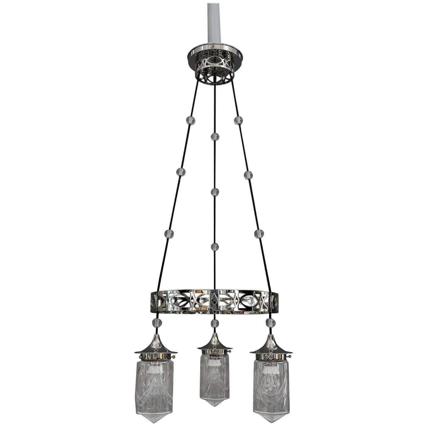 Nickel Plated Art Deco Chandelier With Original Cut Glasses, Circa 1920s