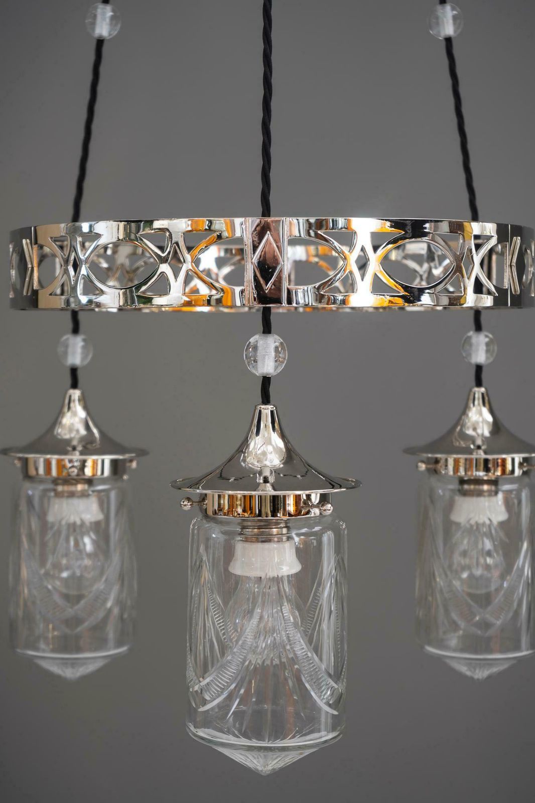 2541.0 Nickel Plated Art Deco Chandelier With Original Cut Glasses, Circa 1920s photo