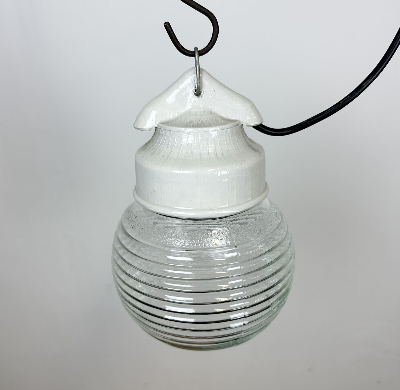 Vintage White Porcelain Pendant Light With Ribbed Glass, 1970s photo for sale
