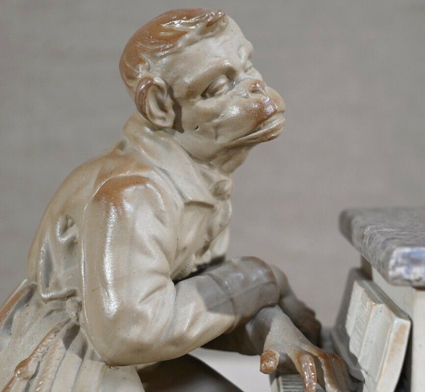 Biscuit And Sandstone Tobacco Jar Music Monkey Manufacture Sarreguemines  Late 19th Century photo 715.85