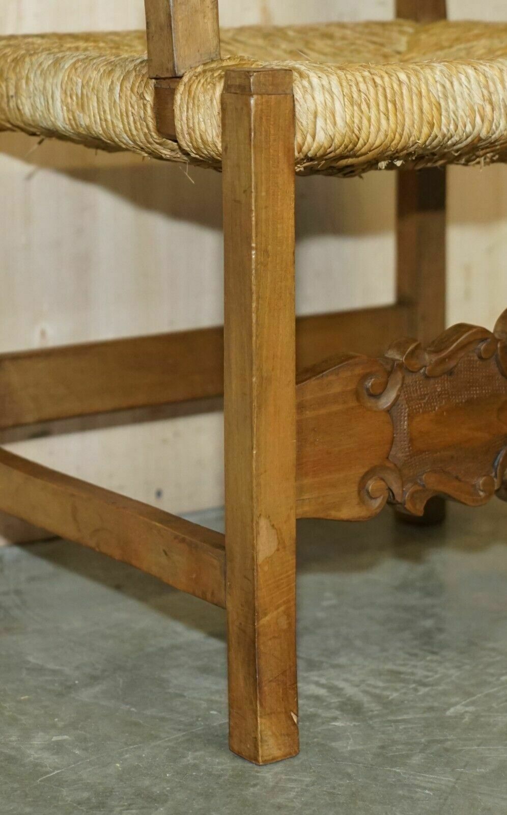photo furniture Eight Fine Walnut Circa 1900 Ornately Hand Carved Dutch Rush Seat Dining Chairs