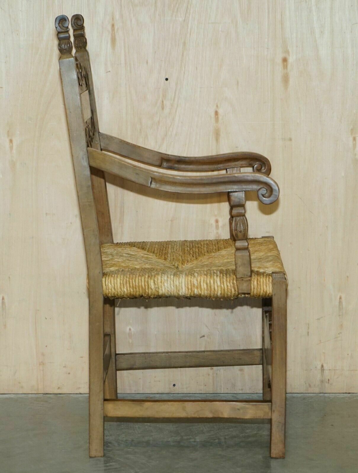 photo buy Eight Fine Walnut Circa 1900 Ornately Hand Carved Dutch Rush Seat Dining Chairs