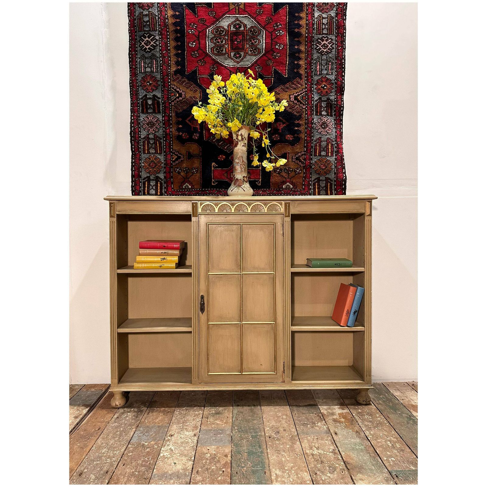 1950's Bookshelf W/ Central Cupboard Reeding And Gilded Details