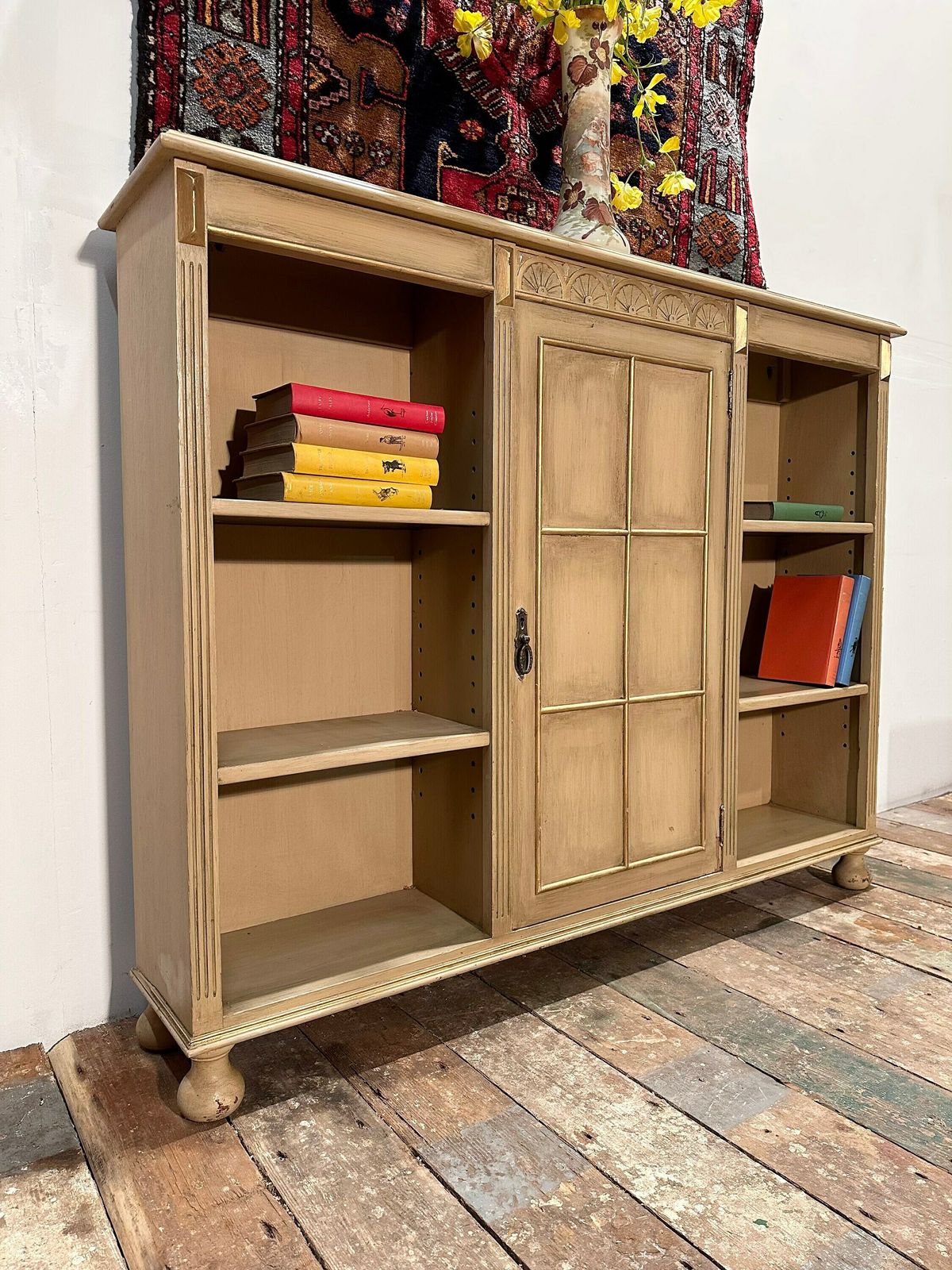 1950's Bookshelf W/ Central Cupboard Reeding And Gilded Details photo vinterior