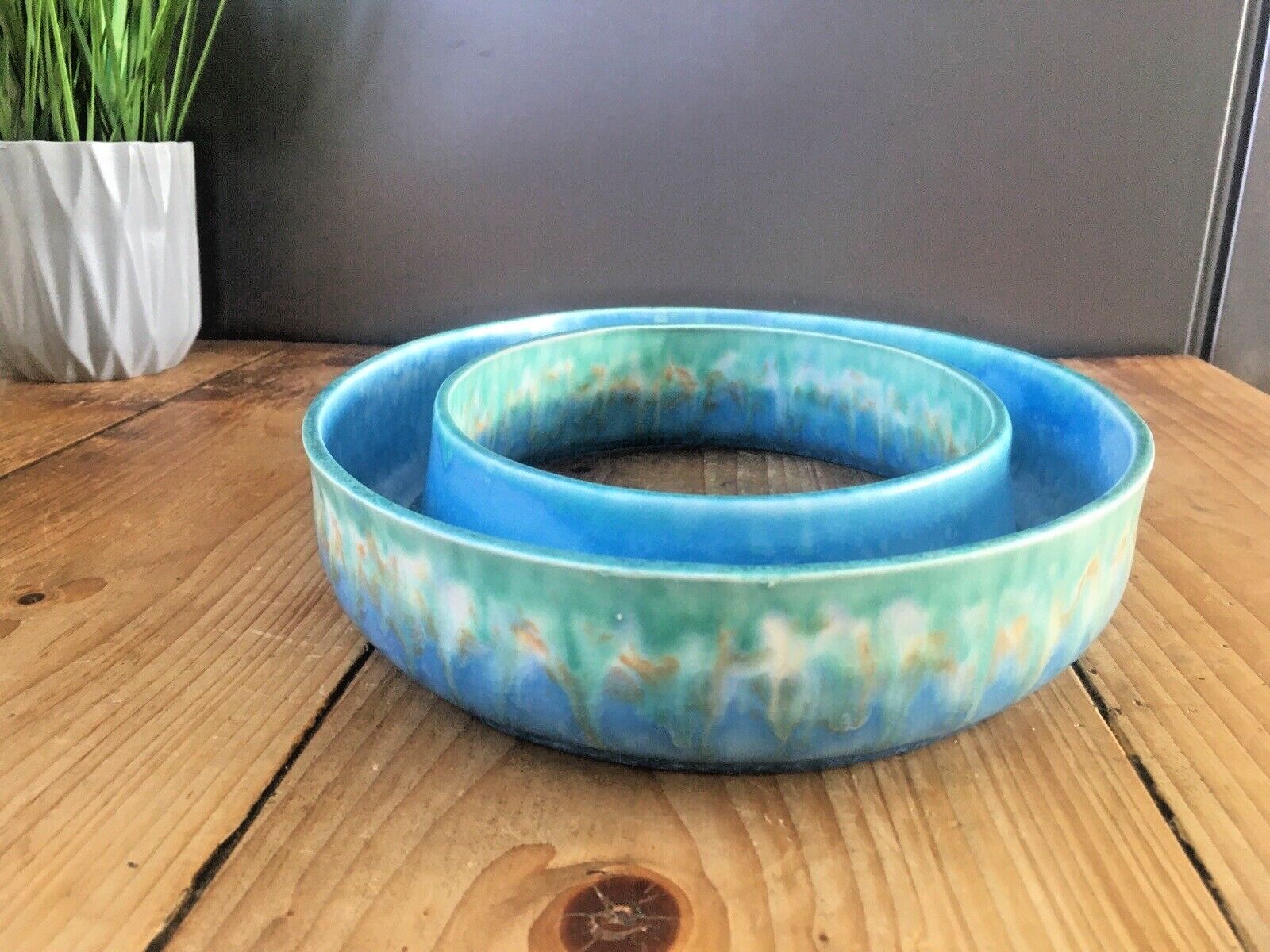 Superb Art Deco Blue Green Dripglaze Flower Posy Dish Flower Trough Ring Vase photo 50.0