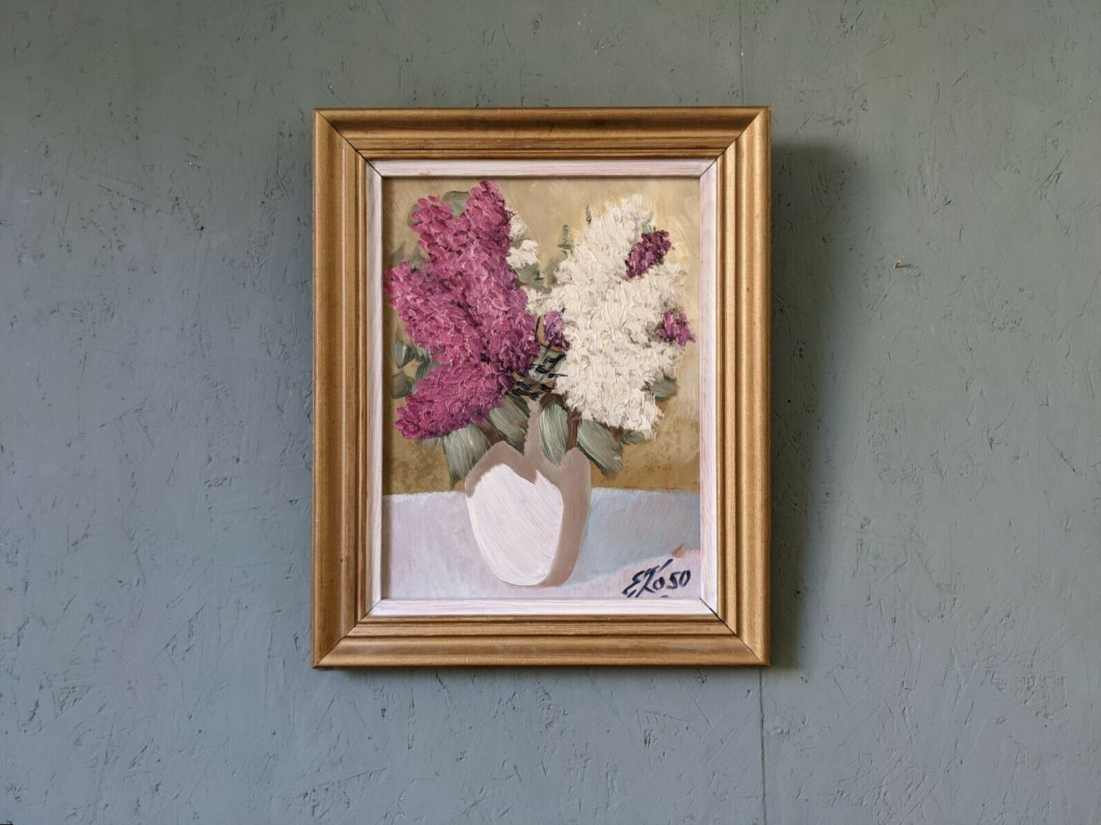 Hyacinths, In Oil Onto Board, Mid 20th Century photo vintage