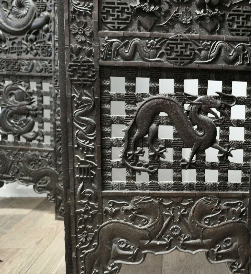 Large Heavy 19th Century Carved Chinoiserie 4 Fold Screen photo for sale