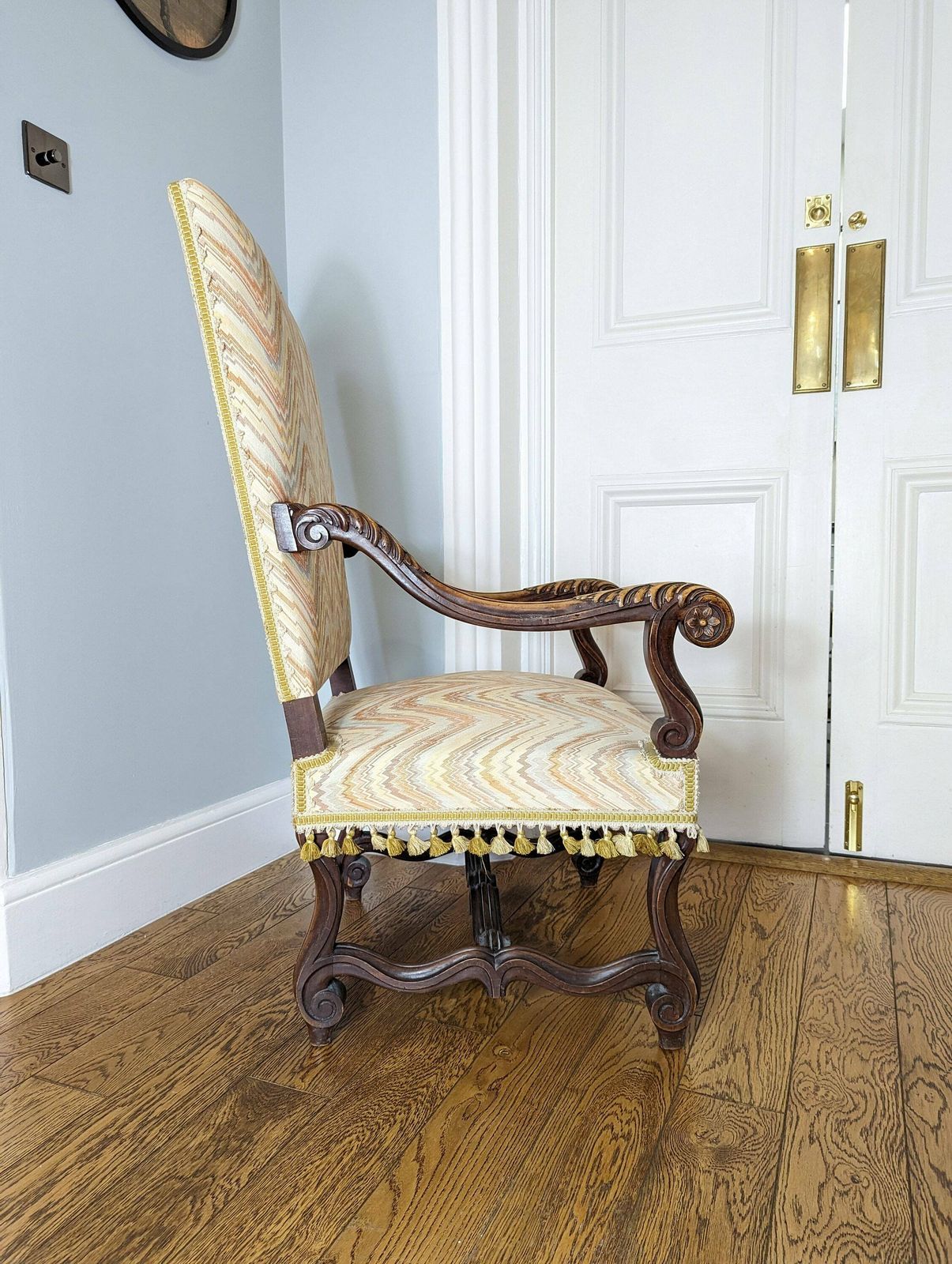photo for sale A Charming French Antique Carved Walnut Framed Armchair In Louis XIV Style C1860