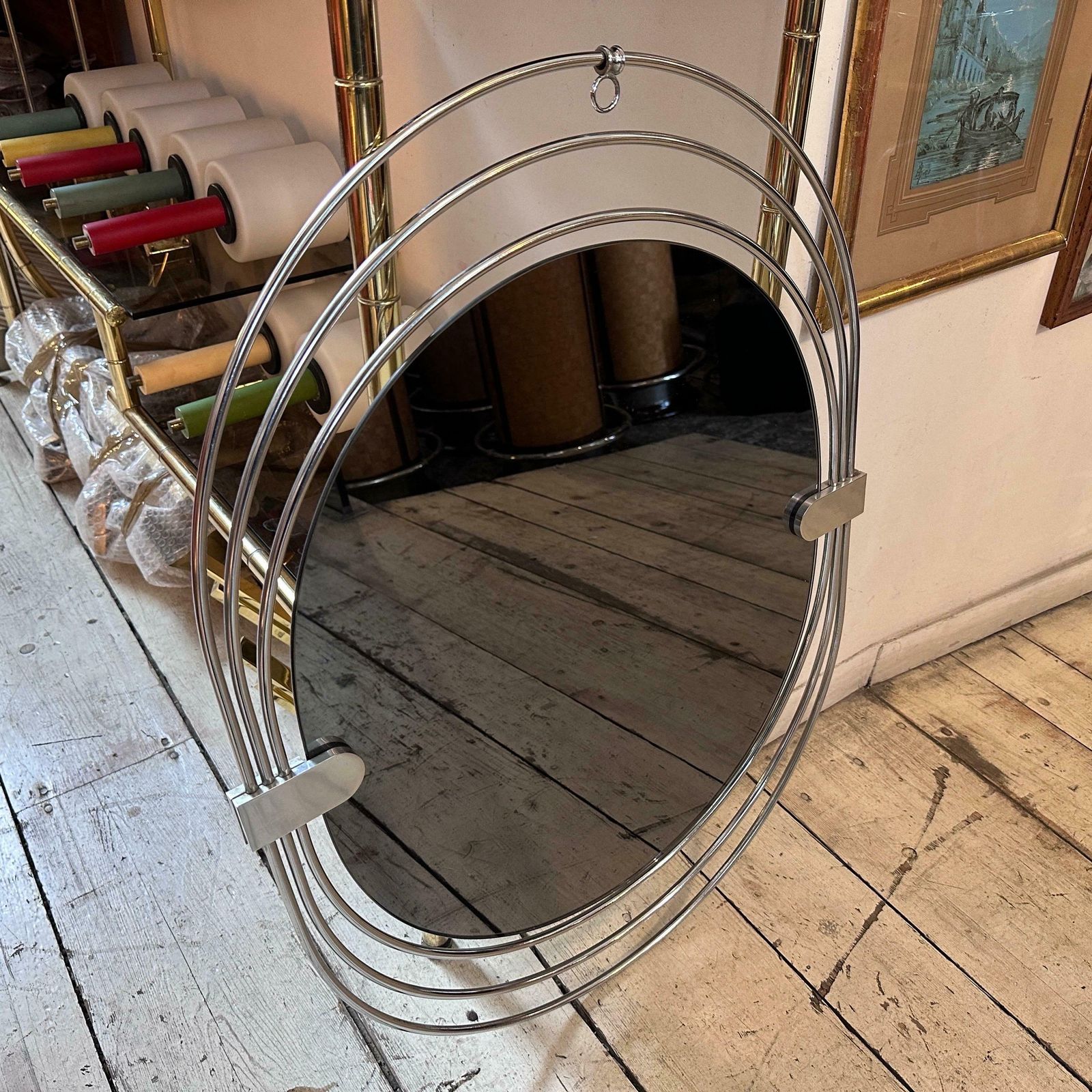 1970s Space Age Steel And Smoked Glass Oval Italian Wall Mirror photo furniture