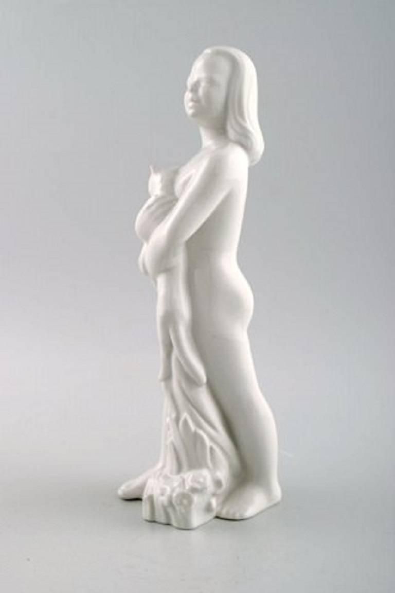 Harold Salomon For Rorstrand, White Glazed Figure Of A Girl With Cat photo for sale