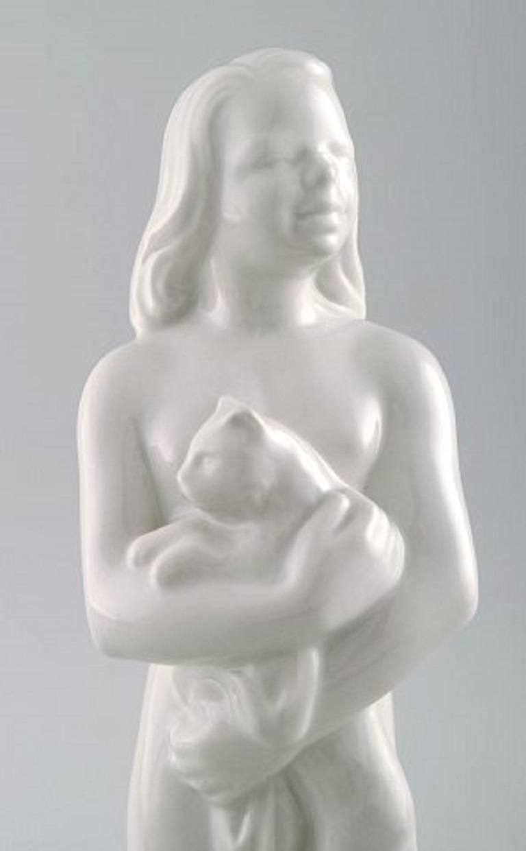 Harold Salomon For Rorstrand, White Glazed Figure Of A Girl With Cat photo Art