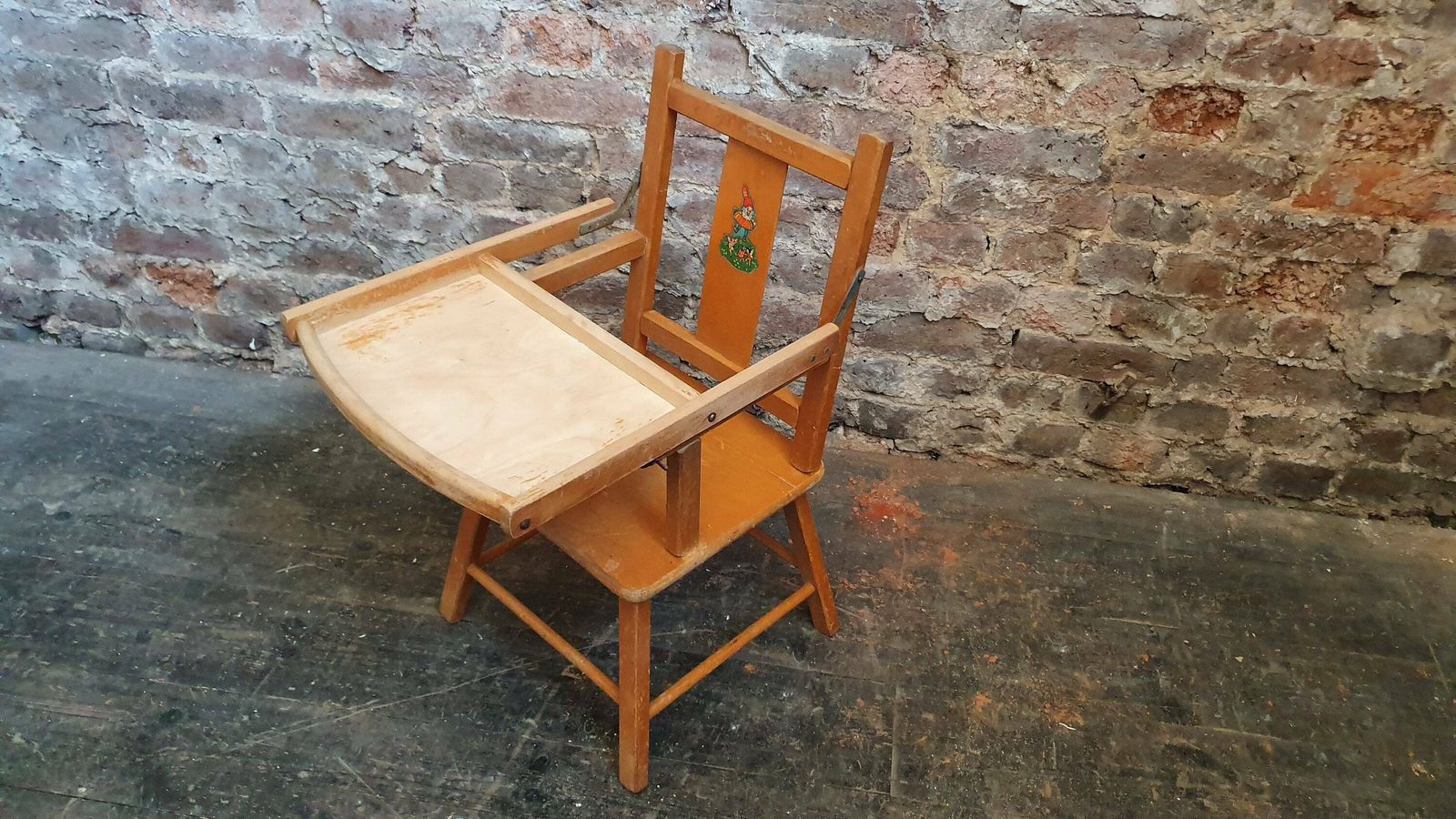 Vintage Retro Child’s Chair With Lift Over Eating Surface. Quirky Plant Stand. photo furniture
