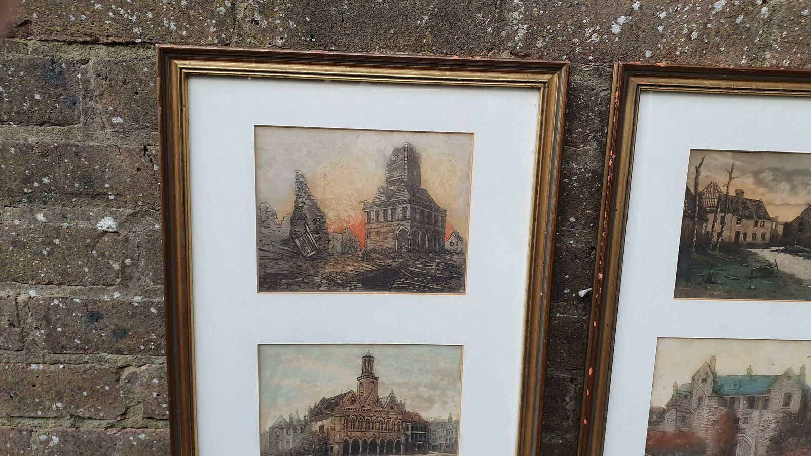 Vintage World War One Colour Art Prints Building Damage Winter France Europe Triple Mount Matching Frames photo Art