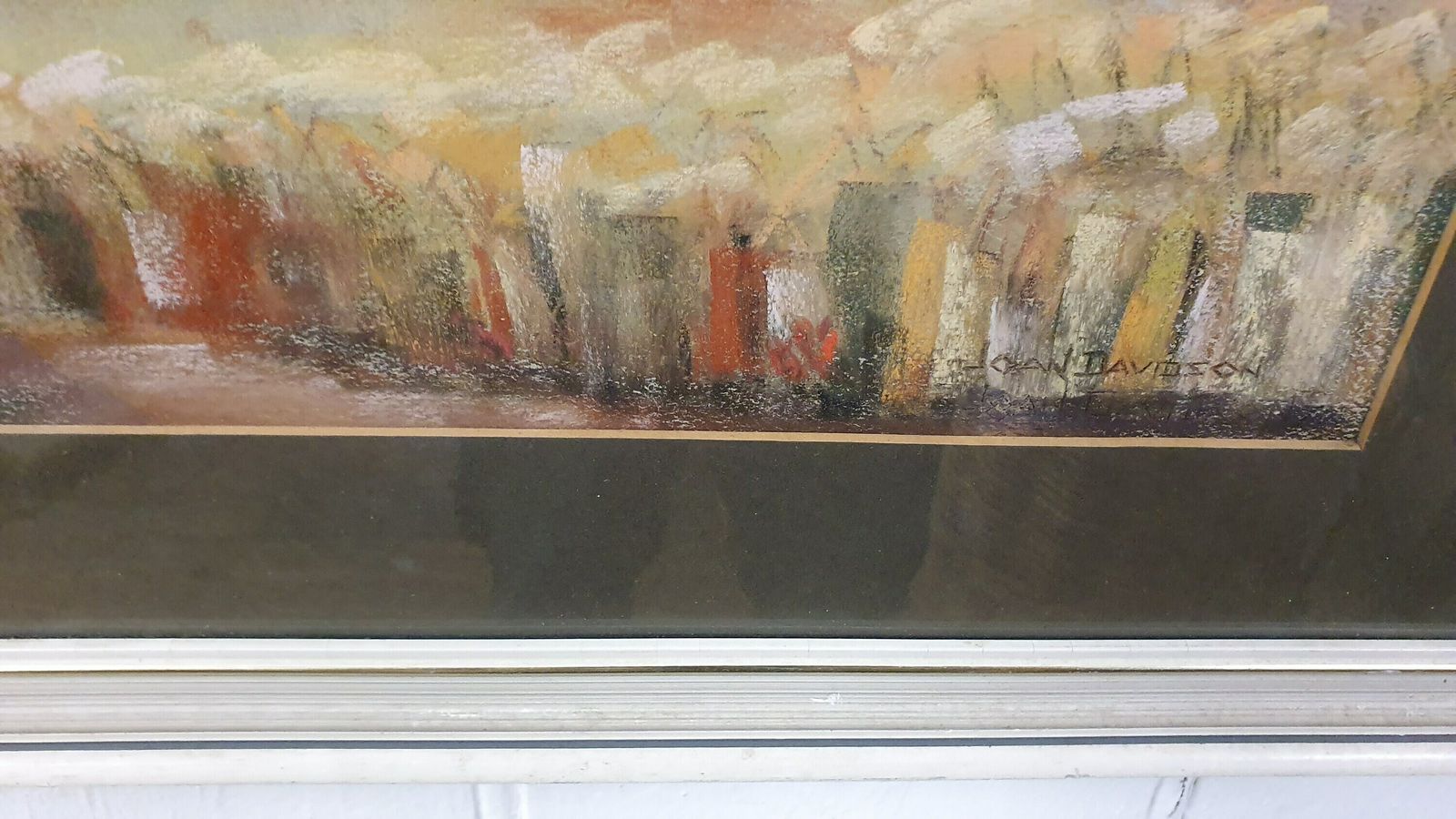 Large Retro Original Oil Pastel Painting Countryside Landscape In Glazed Wooden Frame photo vintage
