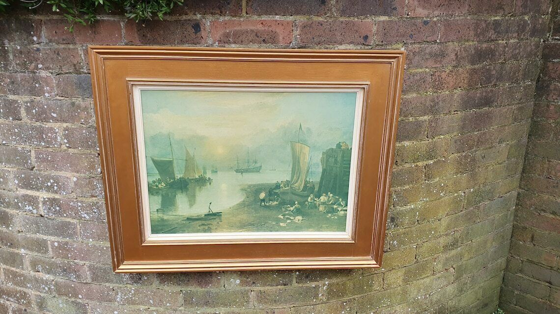 Large Quality 19th Century Harbour Scene Colour Art Print British Coast Nautical Landscape Gold Wood Frame Gilt