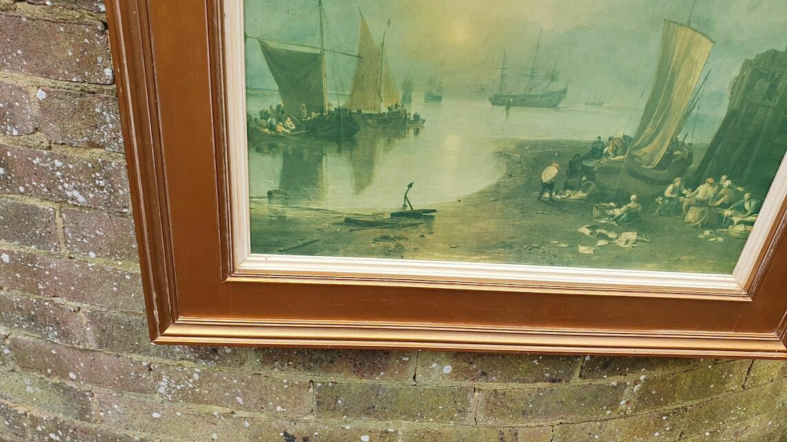 Large Quality 19th Century Harbour Scene Colour Art Print British Coast Nautical Landscape Gold Wood Frame Gilt photo for sale