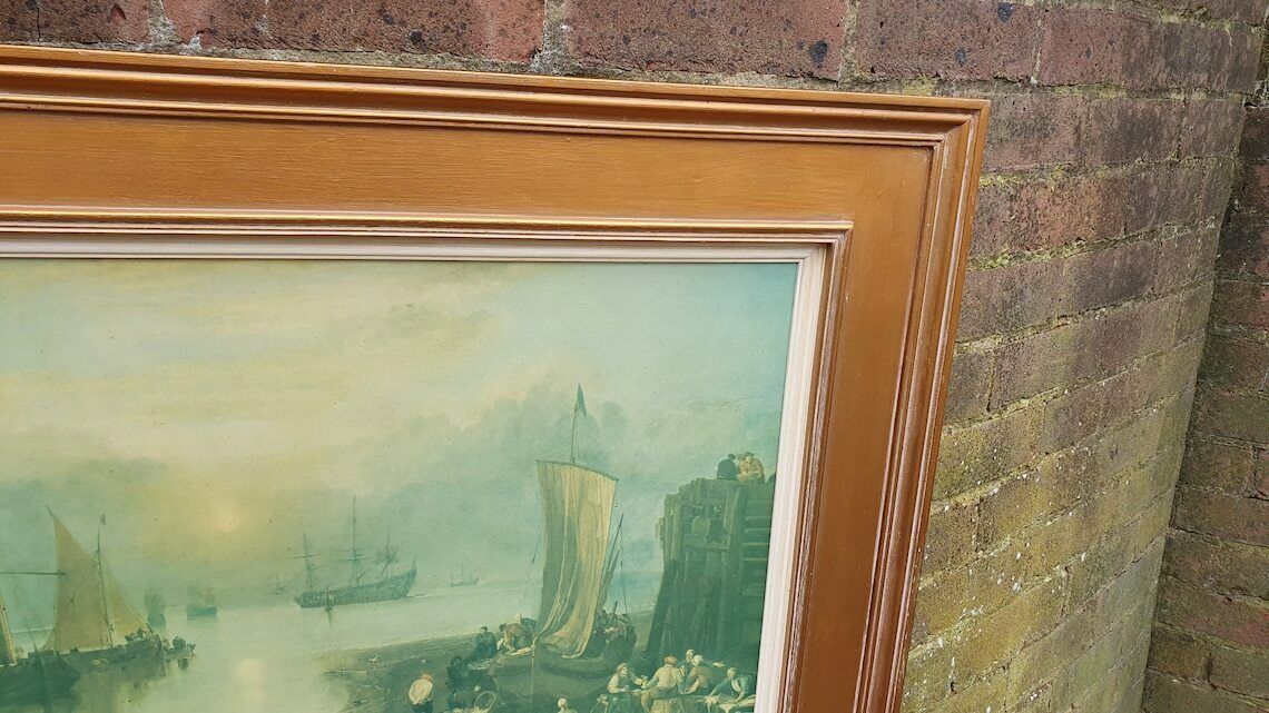 Large Quality 19th Century Harbour Scene Colour Art Print British Coast Nautical Landscape Gold Wood Frame Gilt photo 59.0