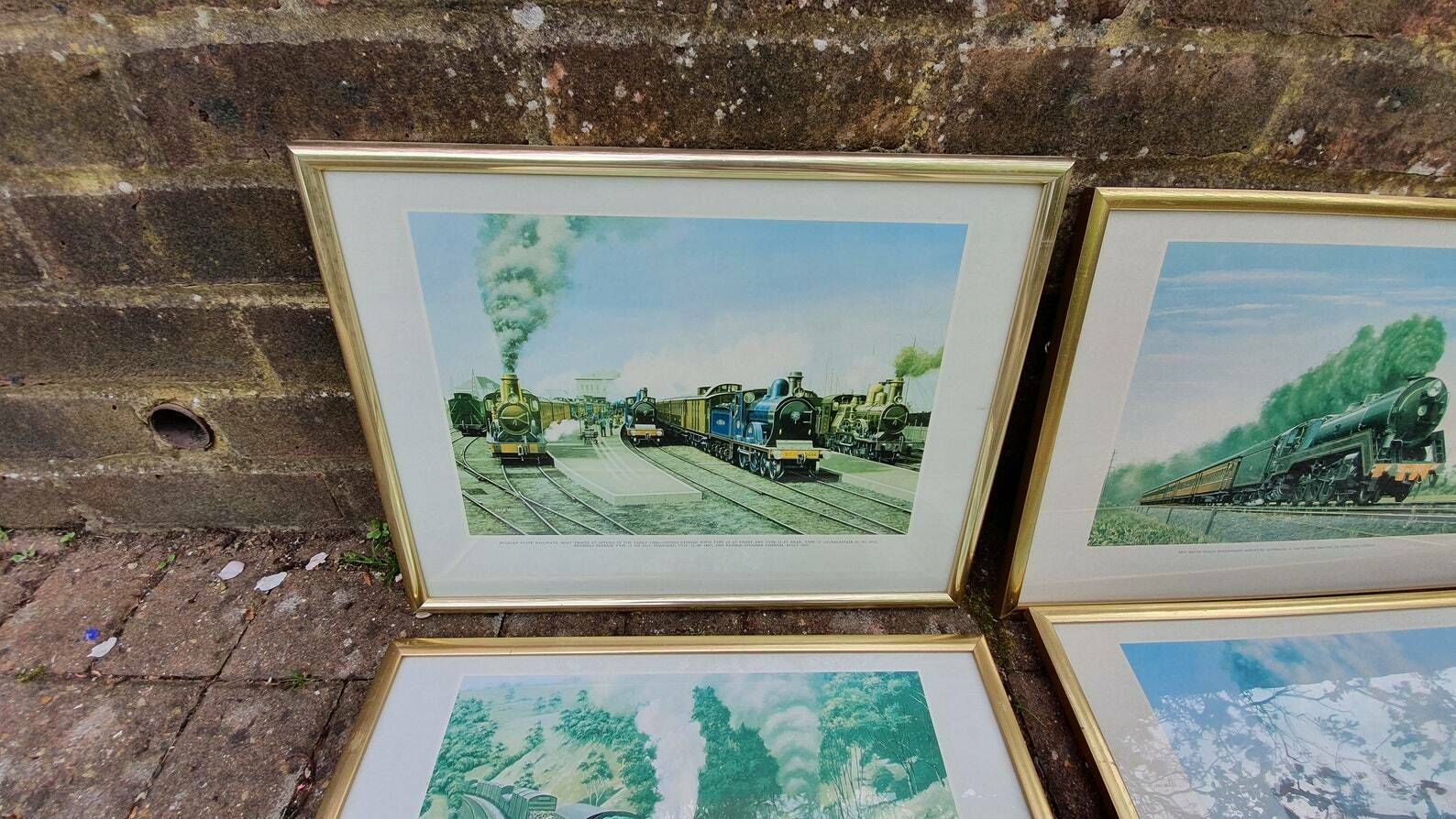 Set Of 8 Jack Hill Large Steam Engine Railway Prints International Railways, Including S And E Africa French Canada Australia Uk Belgium photo furniture