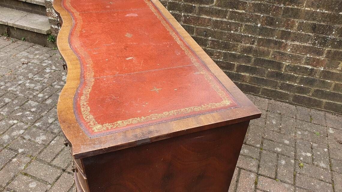 Vintage Serpentine Fronted Kneehole Desk Leather Top Pedestal photo Furniture