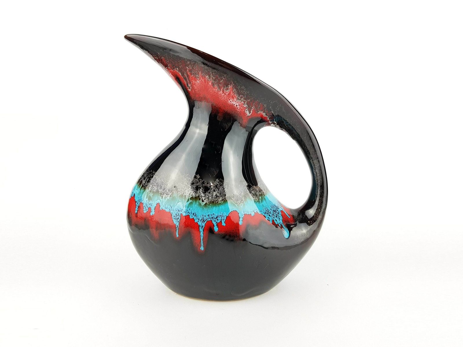 Vintage Vallauris Brown With Red And Blue Drip Glaze Jug Vase From France 1960s